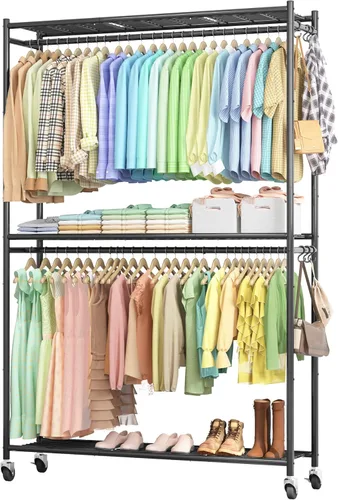 Vista 10 de Sakugi Perchero de ropa de 33.0 x 12.2 x 79.5 pulgadas, con estantes y ruedas, armario multifuncional con ganchos, perchero de metal resistente