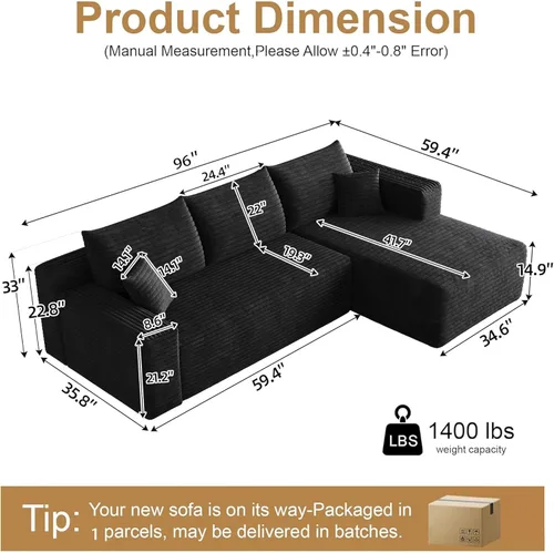 Vista 2 de AUGOP Sofá modular moderno de 96 pulgadas para sala de estar, sofá modular con sofás en forma de L, sofá tapizado sin hueso, sofá seccional con Negro