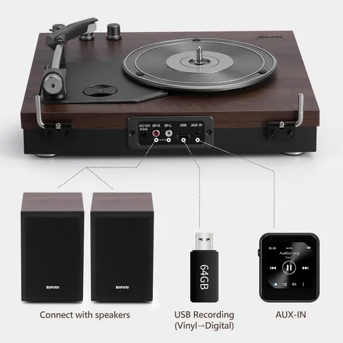 Vista 4 de Tocadiscos, tocadiscos de 3 velocidades con dos altavoces externos de 15 W, entrada Bluetooth, entrada auxiliar, reproducción USB y grabación