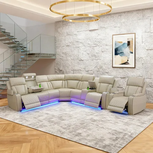 Vista 23 de Juego de sofá modular reclinable eléctrico para sala de estar, juego de sofá reclinable de cuero con luces LED / almacenamiento oculto, sofá en Beige
