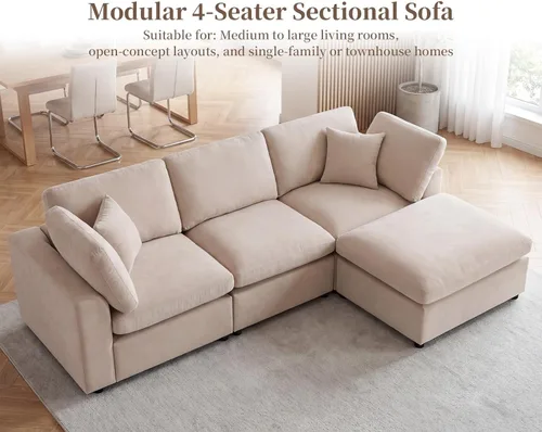 Vista 3 de Sofá modular en forma de L, moderno sofá nube con otomana, sofá esquinero de 3 plazas, sofás de felpilla con asientos profundos para salas de estar