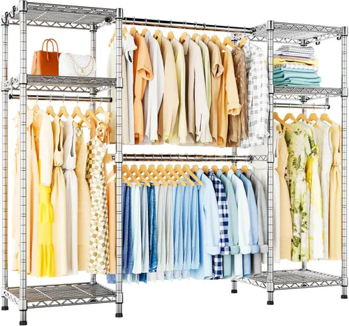 Vista 12 de Ulif E7 - Perchero para ropa, sistema de almacenamiento de ropa resistente con barras extensibles, perchero de metal con 6 estantes de alambre