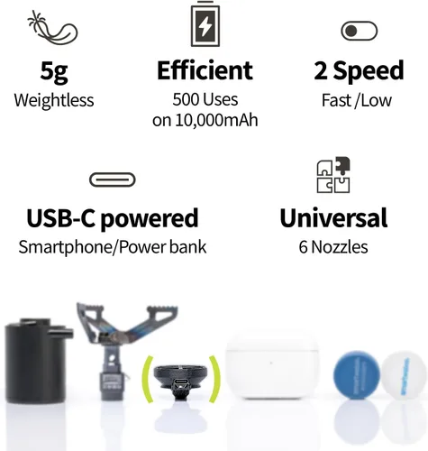 Vista 2 de KINSUN Kin Pump Bomba de aire ultraligera para colchonetas de dormir, mini bomba eléctrica de 0.18 onzas con múltiples adaptadores para inflables