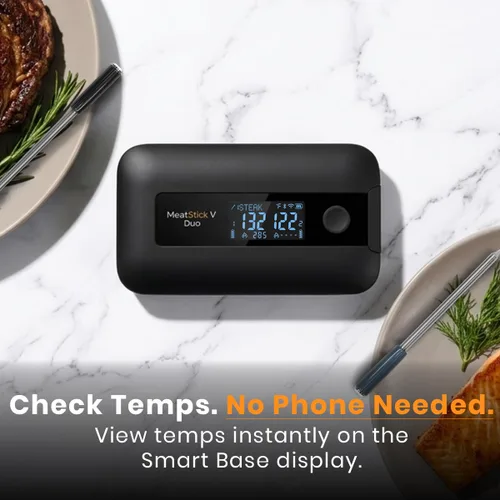 Vista 4 de MeatStick V Duo Wireless Meat Thermometer with 2 Probes, WiFi & 900+ Ft Bluetooth, Smart Base LCD Display for Grill, Smoker, Oven, BBQ