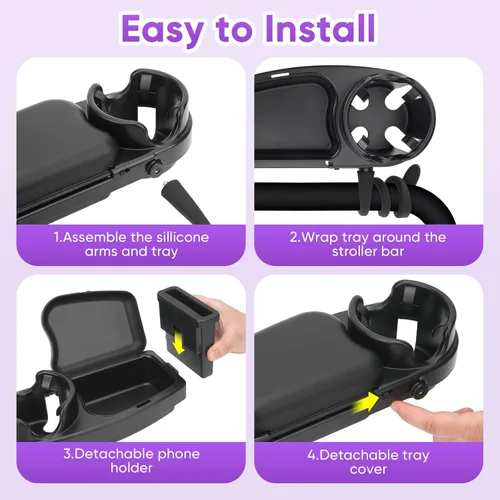 Vista 5 de Bandeja universal para refrigerios para cochecito, 3 en 1 con soporte para teléfono y agarre flexible de silicona para brazos, accesorio de bandeja