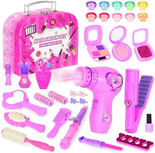 VGOFUN Juguetes de peluquería para niñas, 38 piezas de juguetes para niñas, juego de salón de belleza, juego de simulación para niños, kit de