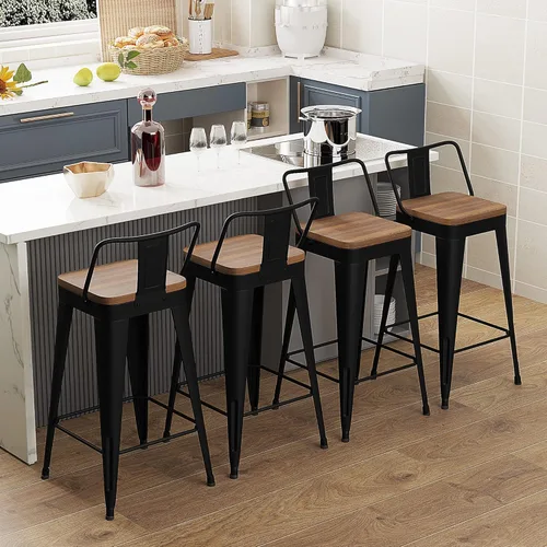 Vista 3 de WENTMENT Juego de 4 taburetes de bar de metal con respaldo extraíble de 24 pulgadas con asiento de madera, color negro
