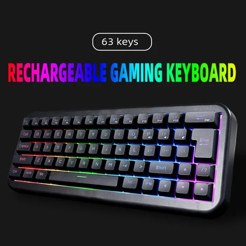 Vista 2 de Teclado inalámbrico para juegos %60, recargable de 2000 mAh, 2.4 G, teclado inalámbrico retroiluminado LED, teclado ergonómico con teclas