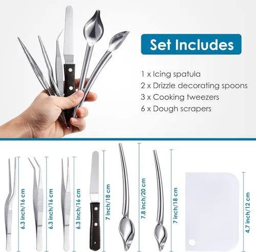 Vista 2 de Patelai 12 piezas de herramientas de chapado de chef, cucharas de llovizna, pinzas de cocina, cucharas de dibujo de acero inoxidable de precisión