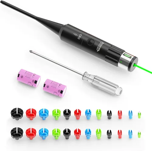 StrongTools Green BoreSighter para rifle y pistola calibre .17 a 12GA, kit universal de caza con interruptor de presión, mira de orificio con 2