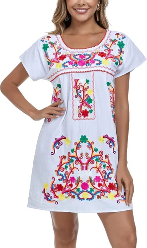 Vista 18 de YZXDORWJ Vestido bordado mexicano de manga corta para mujer 222BK