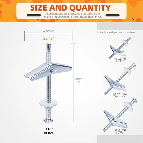 Vista 2 de Tanstic 30 juegos de pernos de palanca de 3/16 pulgadas y tuerca de ala, anclajes de palanca de mariposa con tuercas de ala, tuercas hexagonales