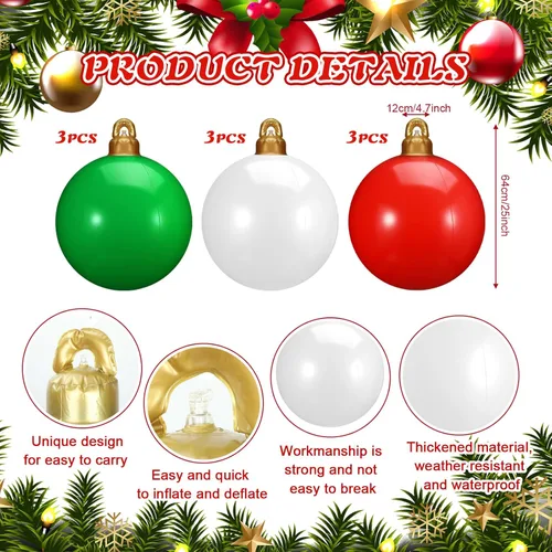 Vista 2 de Jetec 9 Piezas Adornos de Bolas de Navidad Inflables de PVC Grandes de 25 Pulgadas Adornos de Bolas Inflables Gigantes de Navidad Decoraciones