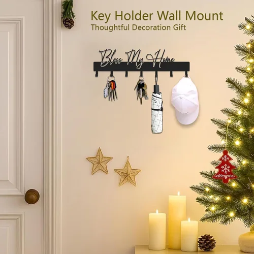 Vista 4 de Exquisito soporte de pared con frase de moda, ganchos para llaves Bless My Home para decoración de pared, colgador de llaves de metal negro con 7