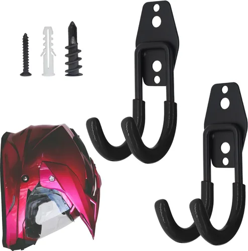 Vista 7 de Soporte para casco de pared, negro, 2 ganchos curvados de hierro doble grande con tornillos de montaje. Ideal para cascos Harley, Honda, Kawasaki