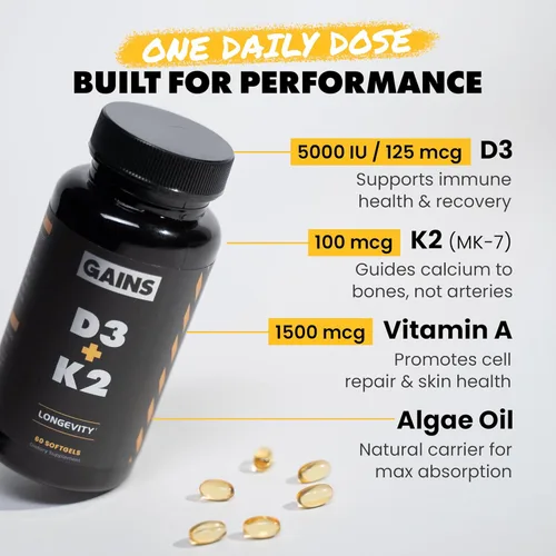 Vista 3 de Ganancias en suplemento D3 K2 a granel, vitamina D3 5000 UI, vitamina K2 100 Mcg, vitamina A 5000 UI, aceite de algas con Omega 3, apoyo