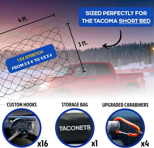 Vista 3 de Red de carga TacoNets para Toyota Tacoma de cama corta - Se ajusta de 2005-2025 - Integración patentada de riel de cama - Red de carga elástica