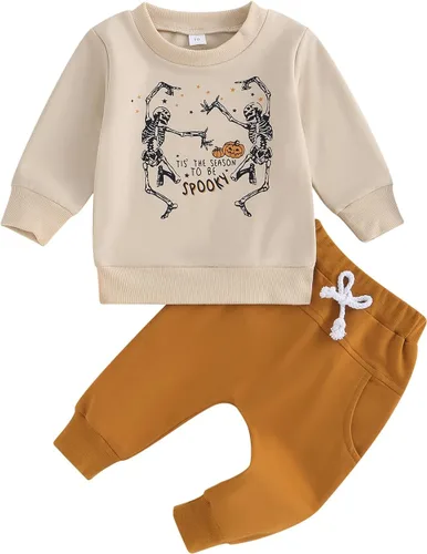 Vista 13 de VISGOGO Conjunto de ropa de otoño e invierno para bebé niño, sudadera de manga larga con estampado de letras + pantalones, 2 piezas A-bubs-marrón