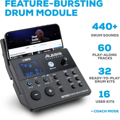 Vista 3 de Alesis Nitro Max Kit - Juego de batería eléctrica con almohadillas de malla silenciosas, caja de doble zona de 10 pulgadas, Bluetooth, más de 440
