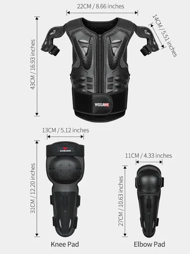 Vista 2 de WOSAWE Protector de pecho para motocross, rodilleras, coderas, coderas y cuatrimotos juveniles, kit de equipo de protección
