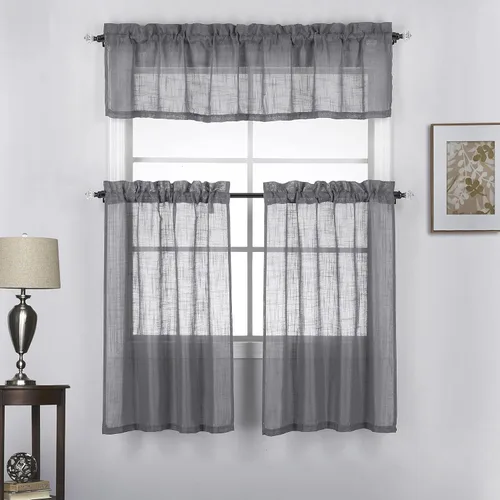 Vista 15 de Juego de 3 cortinas de lino texturizadas para ventana de café y cocina, 36 pulgadas de largo, color beige