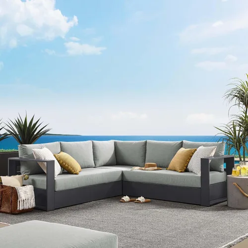 Vista 9 de Modway Tahoe - Juego de muebles de aluminio para patio y exteriores de 3 piezas, color gris carbón, sofá seccional modular con cojines resistentes