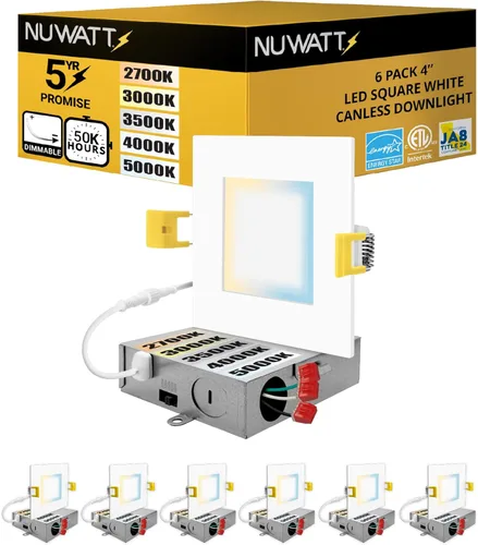 NUWATT Luces empotrables LED de oblea cuadrada de 4 pulgadas, 5 CCT seleccionables 2700 K/3000 K/3500 K/4000 K/5000 K, 630 lúmenes regulables, luz