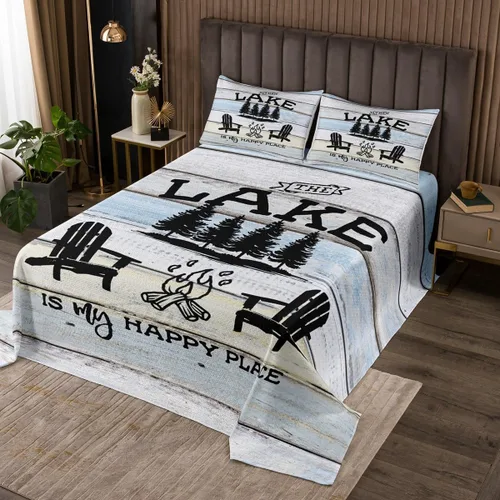 Vista 6 de Juego de colcha de río, tamaño Queen para niños, niñas, juego de edredón rústico de granja con diseño de lago y vida, colcha de paneles de madera