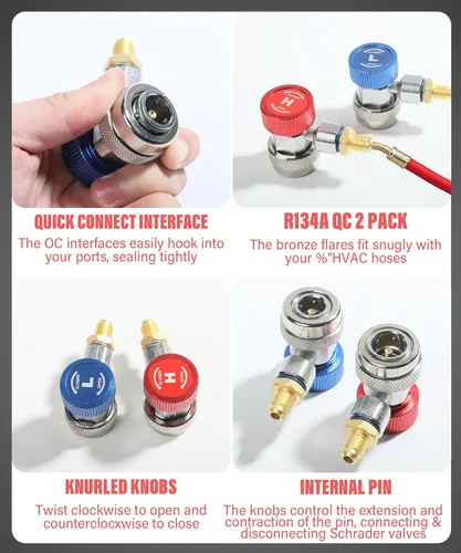 Vista 3 de YAKEFLY AC R134A Adaptador de Conector R134a Conector rápido de 1/4 de pulgada con juego de manómetro, adaptadores de acoplador rápido ajustables