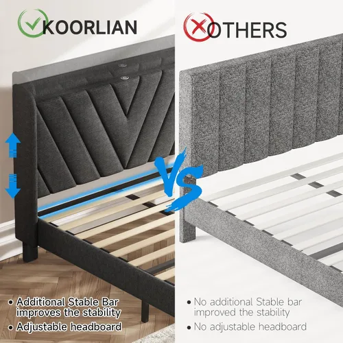 Vista 84 de koorlian Base de cama Queen con cabecero, base de cama tapizada ajustable con puertos tipo C y USB, cabecera de almacenamiento con respaldo de ala