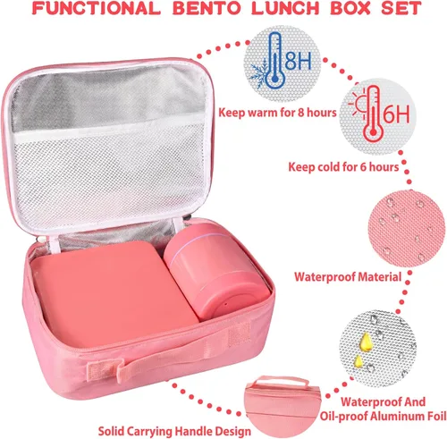 Vista 2 de Lonchera Bento para niños con termo de sopa de 10 onzas, recipientes de almuerzo a prueba de fugas con 4 compartimentos, tarro térmico