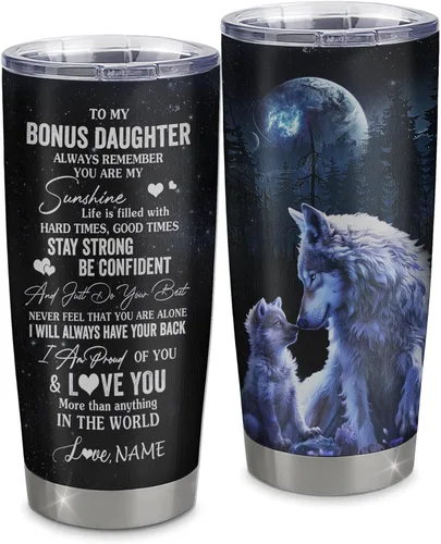Vista 36 de Vaso de acero inoxidable personalizado con texto en inglés «To My Bonus Daughter From Stepmom», vaso curvado de 20 onzas con diseño de girasol