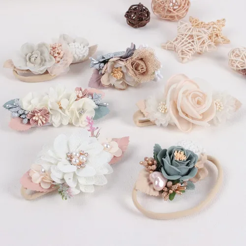 Vista 7 de 6 diademas de nailon con flores para bebé, lazo hecho a mano para recién nacido (multicolor-2, L)
