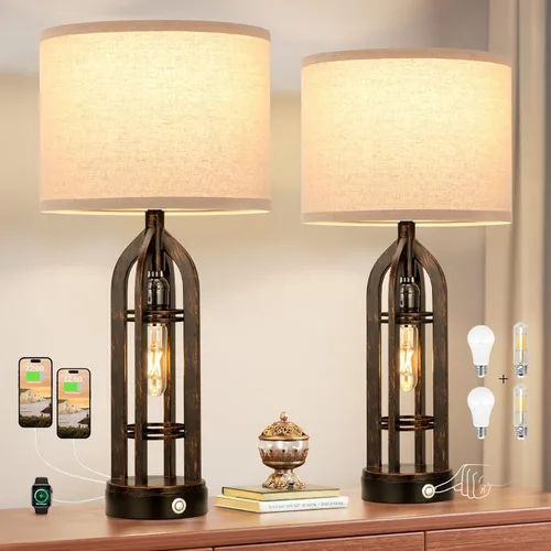 Vista 13 de Seealle Lámparas de Mesa para Sala de Estar Juego de 2 - Lámpara de Mesita de Noche Negra para Dormitorio con USB C+A y Tomacorriente, Lámparas