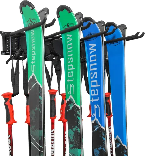 Estante de pared para esquí, capacidad para 4 pares de esquís y bastones de esquí o snowboard para almacenamiento en el hogar y el garaje, montaje