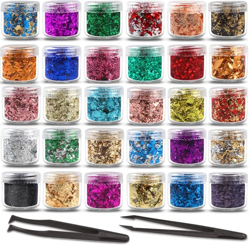 Copos dorados para resina, 30 colores metálicos, lámina para manualidades con pinzas para arte de resina, arte de uñas, joyas y fabricación de velas