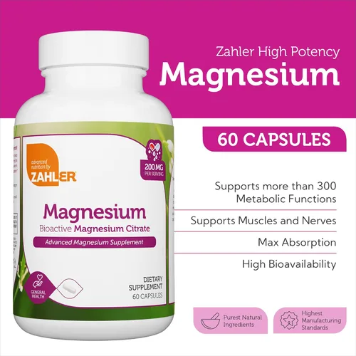 Vista 2 de Zahler Citrato de magnesio. Suplemento natural con la máxima absorción, ayuda a mantener función muscular y nerviosa normal, certificado kosher