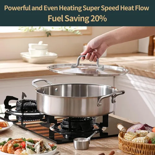 Vista 6 de Yeksum Sartén para saltear con tapa, sartén de acero inoxidable de tres capas de 5 cuartos de galón, sartén profunda de 12 pulgadas con tapa, sartén