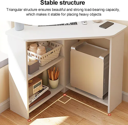 Vista 5 de Escritorio esquinero para espacio pequeño, escritorio de computadora triangular con estantes de almacenamiento y soporte para CPU, mesa de tocador
