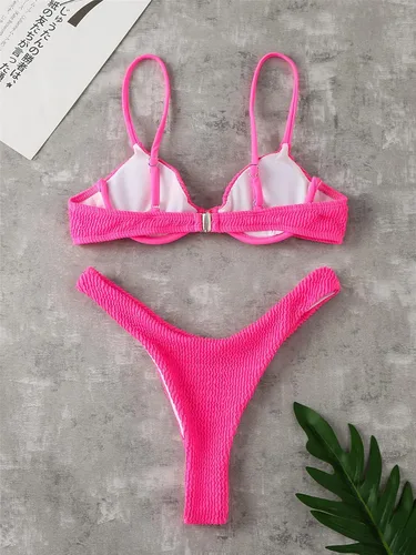 Vista 3 de MakeMeChic Trajes de baño de 2 piezas para mujer, conjunto de bikini de corte alto sólido con aros