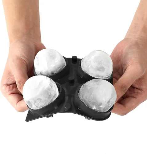 Vista 4 de Bandeja de silicona suave para cubitos de hielo con tapa, bandeja de hielo flexible (4 esferas, negro)