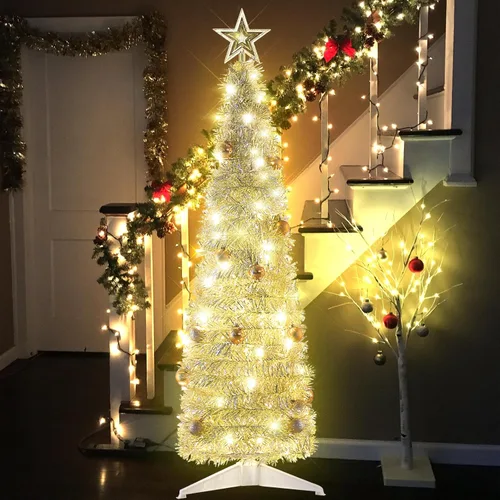 Vista 5 de Árbol de Navidad desplegable de 4 pies para decoración de interiores, mini árbol de Navidad preiluminado con 60 luces, árbol de Navidad artificial