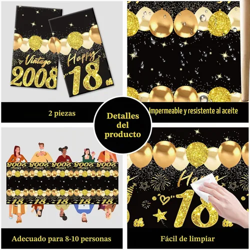Vista 3 de Uiorgui 2 piezas mantel de cumpleaños número 18, mantel de cumpleaños número 18 negro dorado para niños y niñas, mantel de plástico rectangular