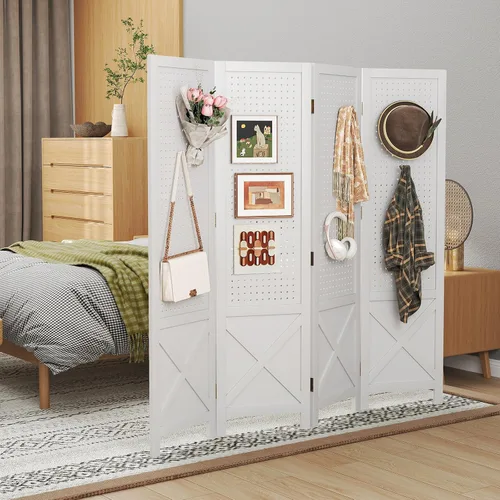 Vista 8 de Giantex Divisor de ambientes de 4 paneles, pantalla de privacidad plegable de granja de 4.7 pies, soporte de madera maciza para manualidades Blanco