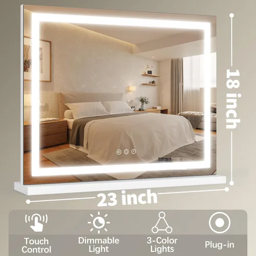 Vista 7 de FENNIO Espejo de tocador de 23 x 18 pulgadas con luces, espejo de maquillaje LED, espejo Hollywood con 3 modos de color y brillo ajustable, espejo