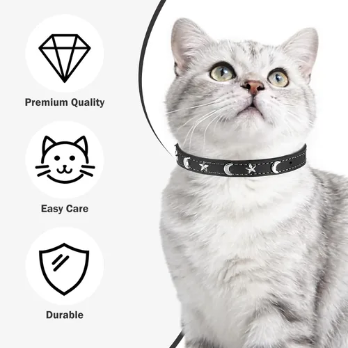 Vista 3 de Collares de cuero DILLYBUD para gatos macho y hembra con campana y cinturón elástico de seguridad, collar ajustable con hebilla de seguridad