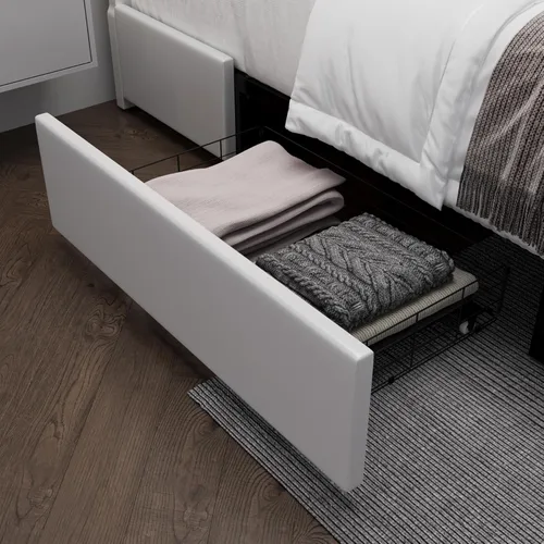 Vista 6 de Base de cama de tamaño matrimonial con cabecero de luces LED RGB y 2 cajones de almacenamiento, moderna plataforma inteligente tapizada de piel
