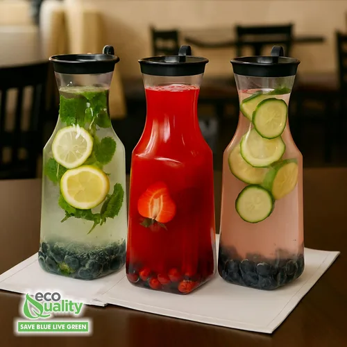 Vista 4 de EcoQuality Jarra de agua de plástico transparente de 54 onzas con tapa superior abatible negra, botella de base cuadrada con boquilla para barra