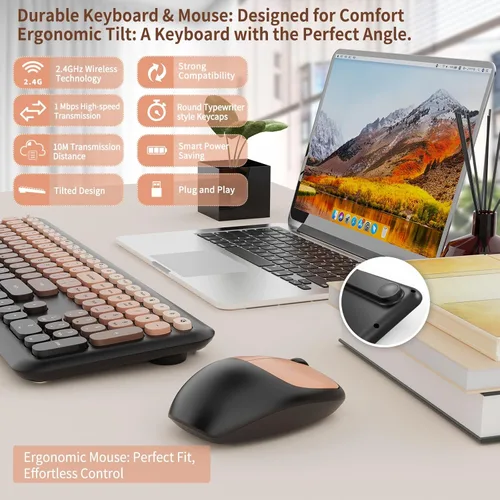 Vista 3 de HotFox Combo de teclado y ratón inalámbrico, teclado retro de tamaño completo tipo máquina de escribir con teclas redondas, diseño ergonómico