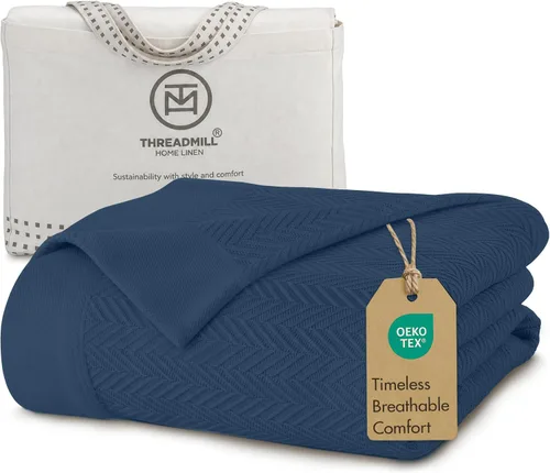 Vista 18 de Threadmill - Mantas de algodón de lujo para cama tamaño individual Manta 100% algodón para todas las estaciones para cama individual Manta Beige